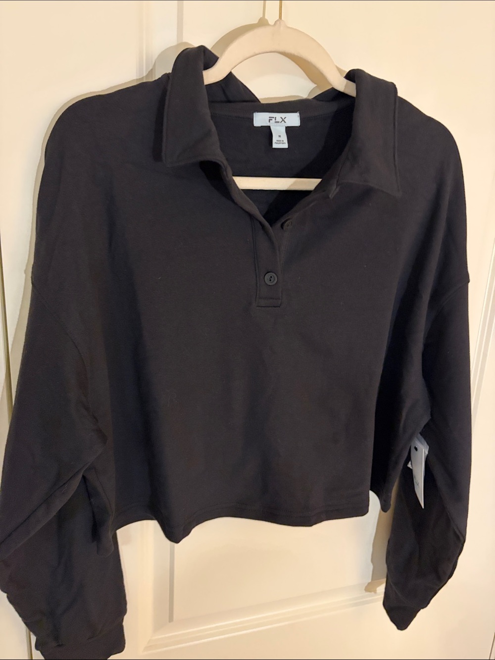 Kohl's Black Cropped Polo Sweatshirt with Button Placket